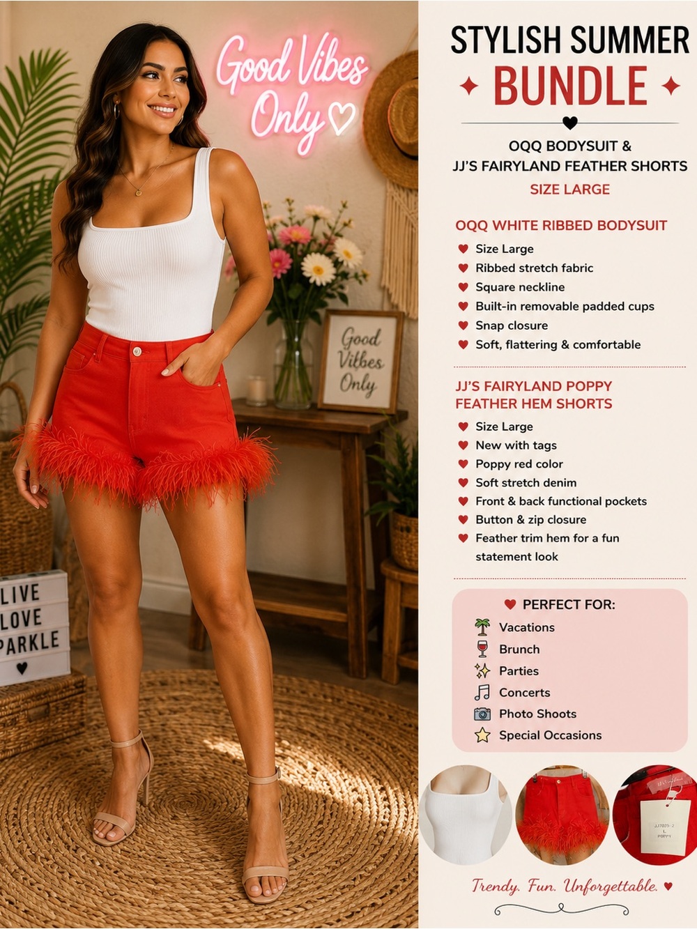 Bundle- Poppy Feather Hem Shorts - Poppy Red & White Bodysuit